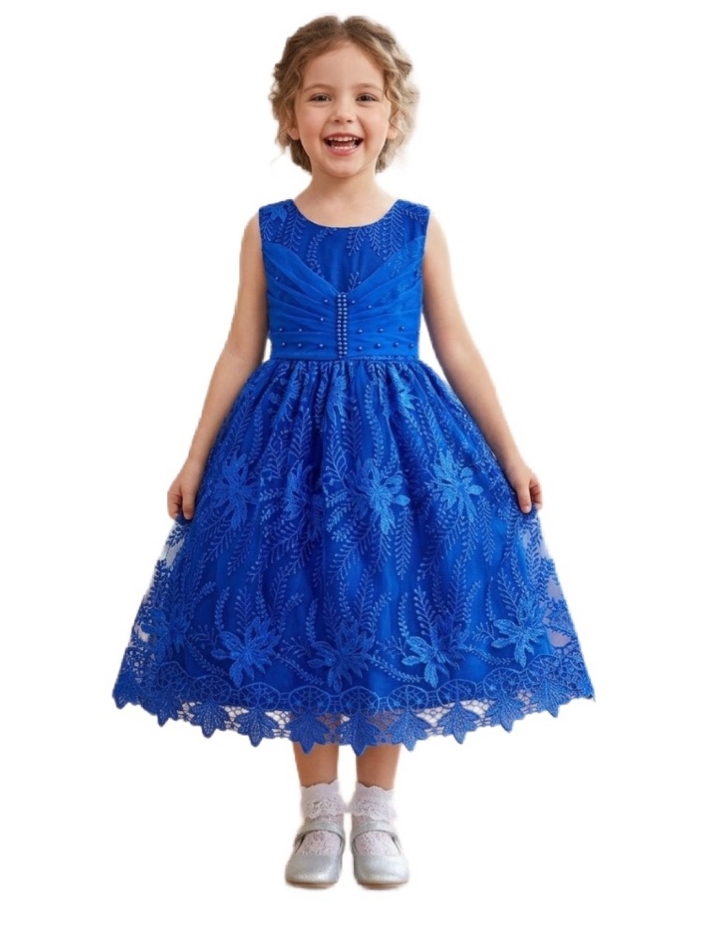 Elegant Blue Girls Party Dress With Lace & Tulle & Beads